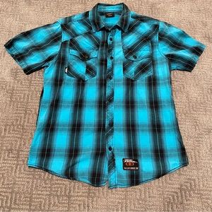 No Fear Short Sleeve Button Down Shirt Men’s Small Teal Black Plaid Vintage